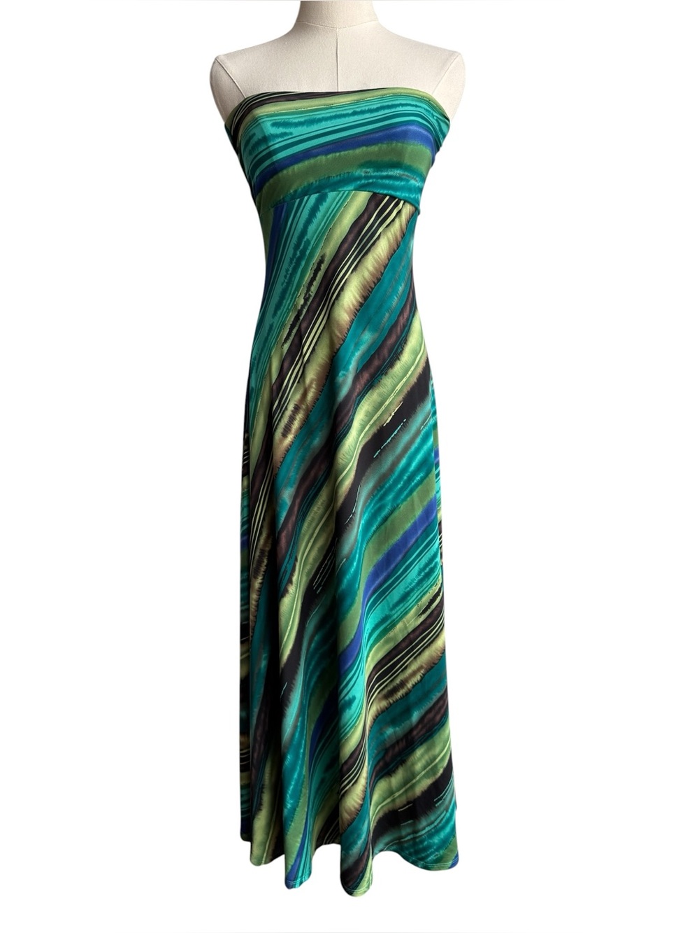 Alyn Paige Sleeveless Tube Top Dress Sz S Green Blue Stripe Cocktail Summer EUC